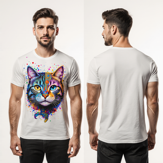 White Cat Graphic T-Shirt for Men – Colorful Artistic Design – Premium Cotton