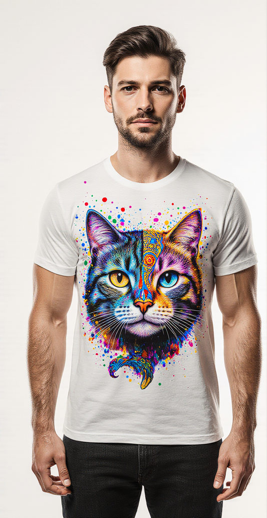 White Cat Graphic T-Shirt for Men – Colorful Artistic Design – Premium Cotton

