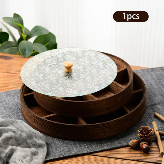 Round Divided Serving Tray with Compartments And Glass Lid Snack Platter Food Organizer for Candy Nuts Party Favors