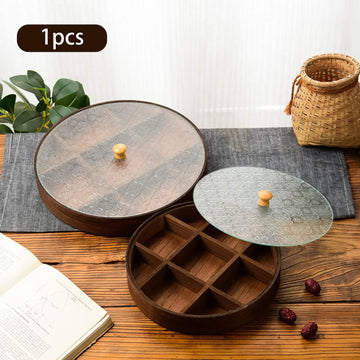 Round Divided Serving Tray with Compartments And Glass Lid Snack Platter Food Organizer for Candy Nuts Party Favors