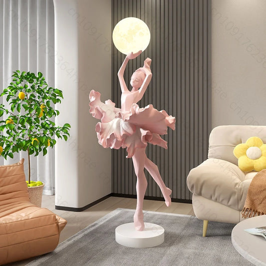 Luxury Art Decor Ballet Girl Floor Standing Sculpture Figurine for Living Room Elegant Home Decor Accent Statue with Moon Lamp