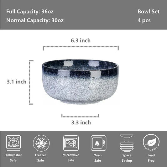 S&Q'S CERAMICS Cereal Bowls - 36 Ounce, Japanese Noodle Bowl Set, Ceramic Bowls for Kitchen, Breakfast, Oatmeal, Microwave and D