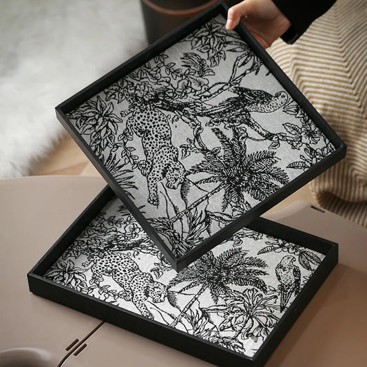 Retro Decorative Tray Home Decoration Leather Storage Tray Jewelry Display Tray Porch Key Storage Plate Animal and Plant Pattern