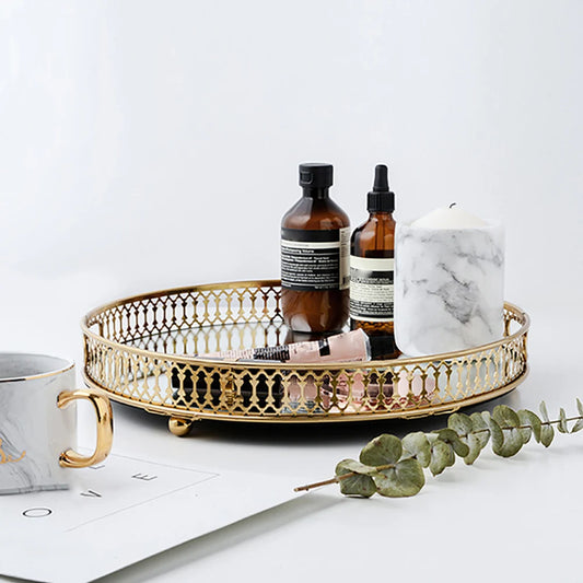 Gold Round Glass Mirror Jewelry & Perfume Tray - Ornate Metal Decorative Tray for Vanity & Dresser,  for Bathroom Storage Trays