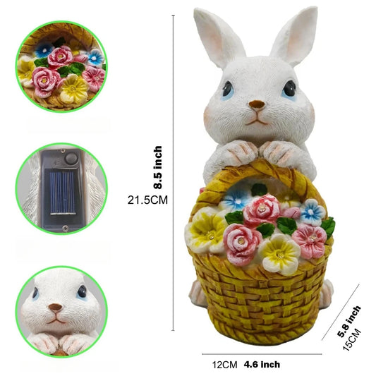 Easter Bunny Figure with Solar Powered Flower Light Garden Decor Rabbit Sculpture Cute Bunny Ornament for Patio Yard Lawn
