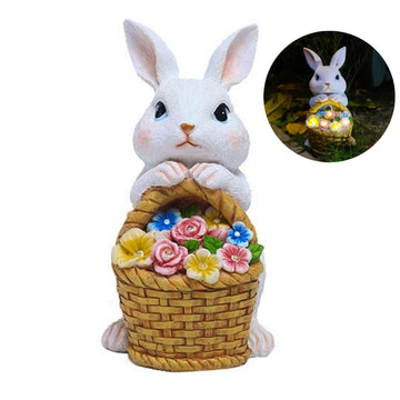 Easter Bunny Figure with Solar Powered Flower Light Garden Decor Rabbit Sculpture Cute Bunny Ornament for Patio Yard Lawn
