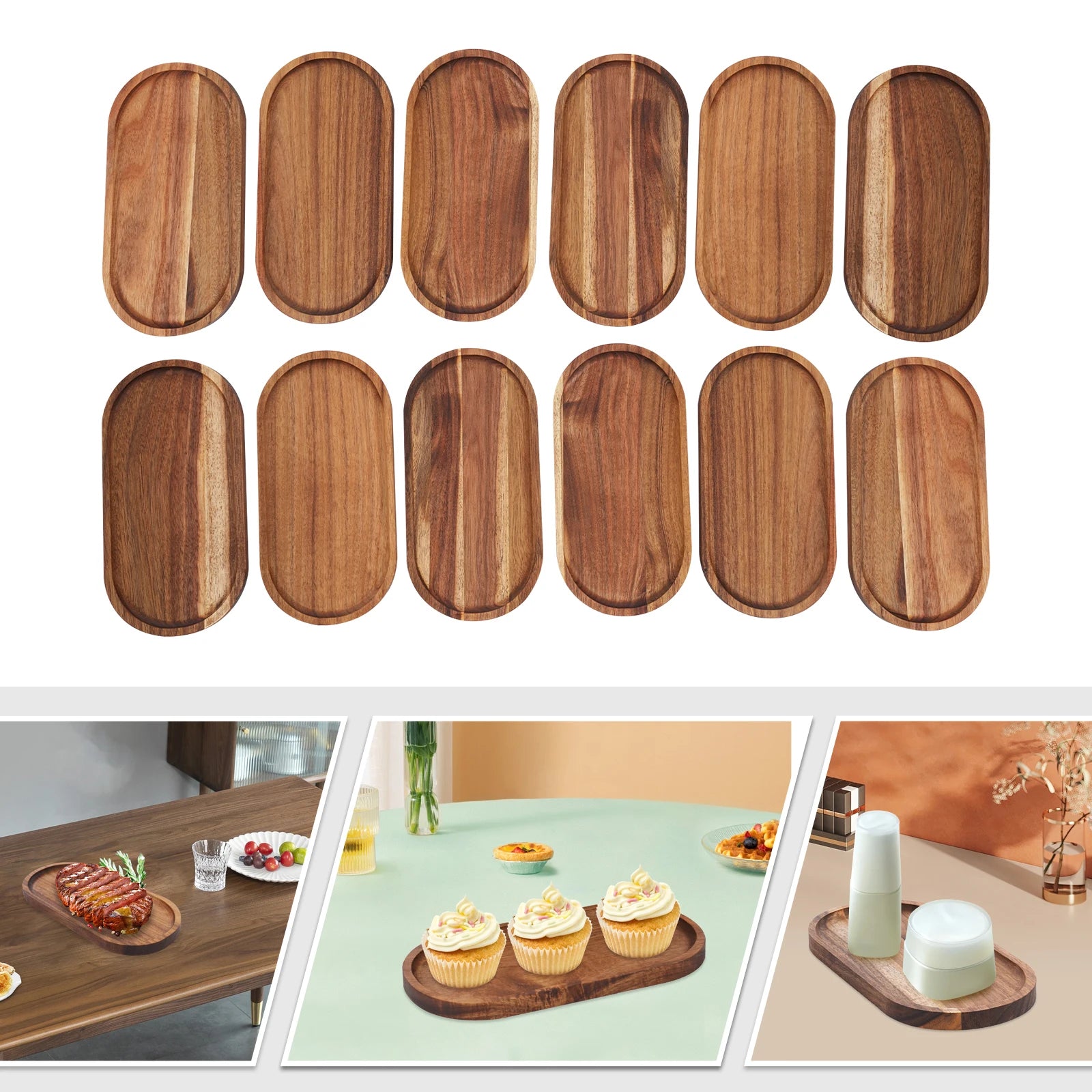 12 Pcs Wooden Trays,Wood Color Oval Wood Rustic Tray 25*12.5*2cm for Homes, Kitchens