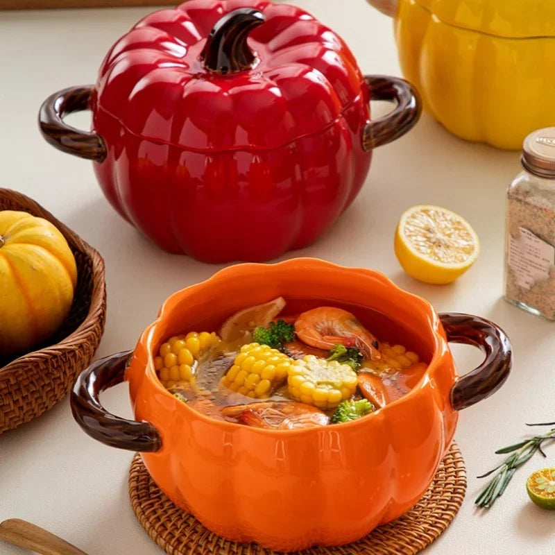 Ceramic Soup pot with lid Creative Pumpkin shape Binaural Soup Bowl Household Large Soup Noodle Bowl Halloween Decoration