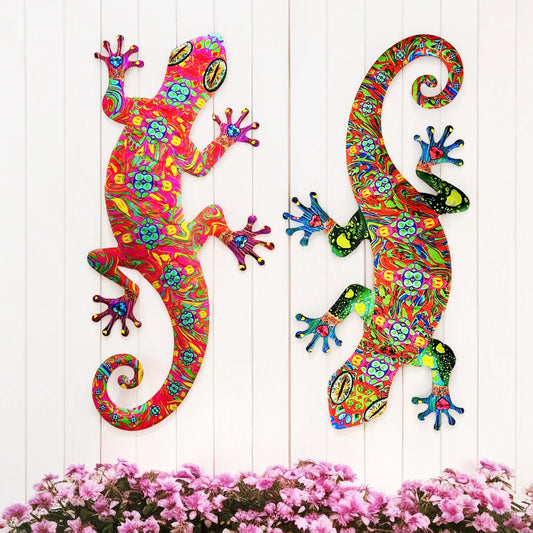 Metal Art Gecko Wall Decor Vibrant Iron Art Lizard Sculptures Gecko Hanging Ornament for Outdoor Home Office Yard Garden Wedding