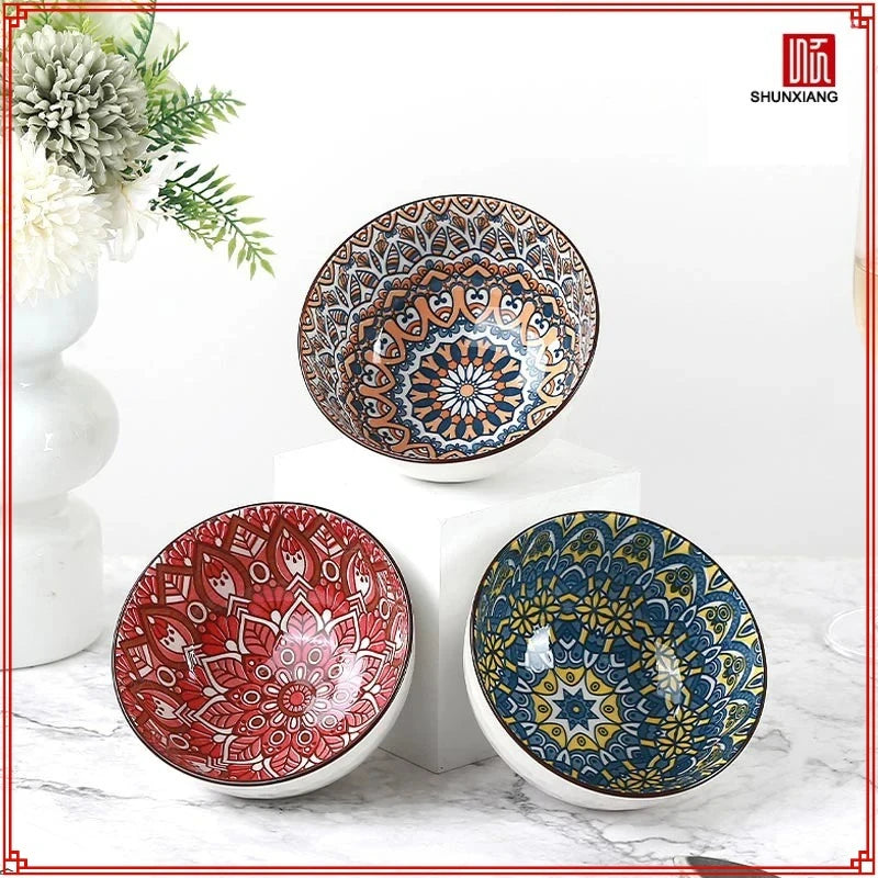 SHUNXIANG 4.5inch Ceramic Bowls Set Bohemian Floral Soup Bowls Underglaze Colour Rice Bowl Heat-resistant Porcelain Bowl Set