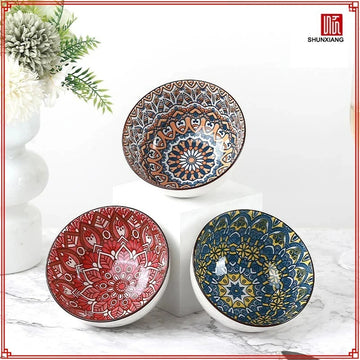 SHUNXIANG 4.5inch Ceramic Bowls Set Bohemian Floral Soup Bowls Underglaze Colour Rice Bowl Heat-resistant Porcelain Bowl Set