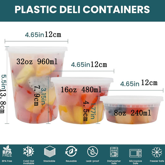 Food Storage Containers with Lids 8/16/32oz Freezer Deli Cups BPA-Free Leakproof Takeout Container Meal Prep Microwave Safe