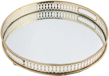 Mirror Tray, 32 cm Tray, Stones, Metal Decorative Tray, Candle Storage Organiser, Gold, Round Mirrored Tray for Birthdays
