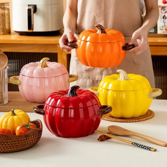 Ceramic Soup pot with lid Creative Pumpkin shape Binaural Soup Bowl Household Large Soup Noodle Bowl Halloween Decoration