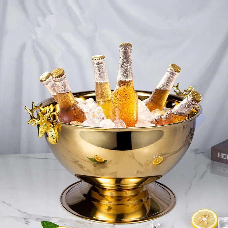 3L/13.5L 304 Stainless Steel Deer Head Ear Champagne Bowl Beer Bucket Keg Food Grade for Red Wine Beer Cooler Ice Bucket Bar