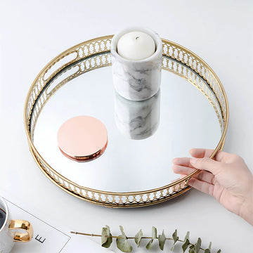 Gold Round Glass Mirror Jewelry & Perfume Tray - Ornate Metal Decorative Tray for Vanity & Dresser,  for Bathroom Storage Trays