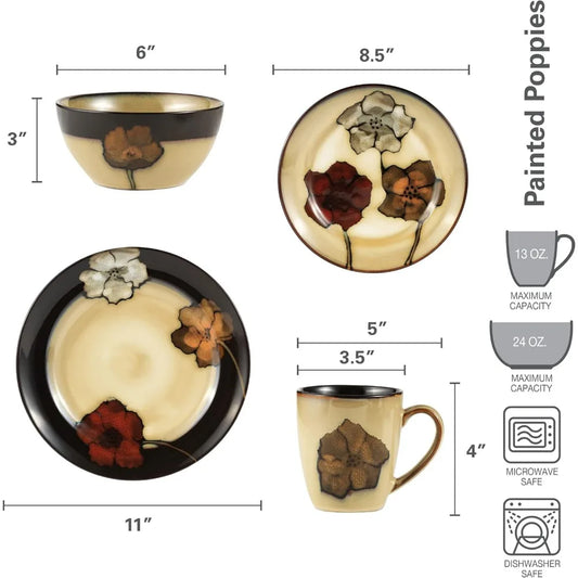 Colorful Floral Stoneware 16-Piece Dinner Set for 4, Including Plates, Bowls, and Mugs, Suitable for Microwave Use