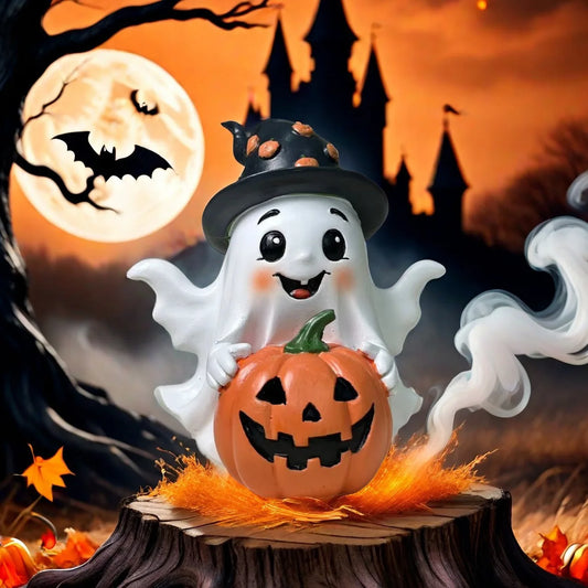 Halloween Confused and Cute Ghost Pumpkin Garden Home Party Resin Sculpture Ornament