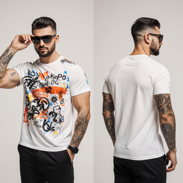 White Streetwear Graffiti T-Shirt for Men – Premium Cotton – Modern Fit