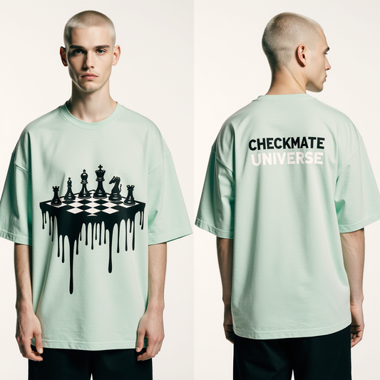 T-shirt oversize homme vert menthe – Design échiquier artistique dripping – Streetwear tendance "Checkmate Universe"