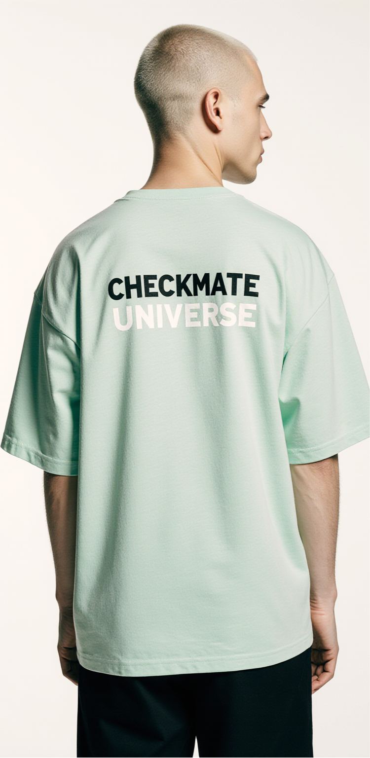 T-shirt oversize homme vert menthe – Design échiquier artistique dripping – Streetwear tendance "Checkmate Universe"