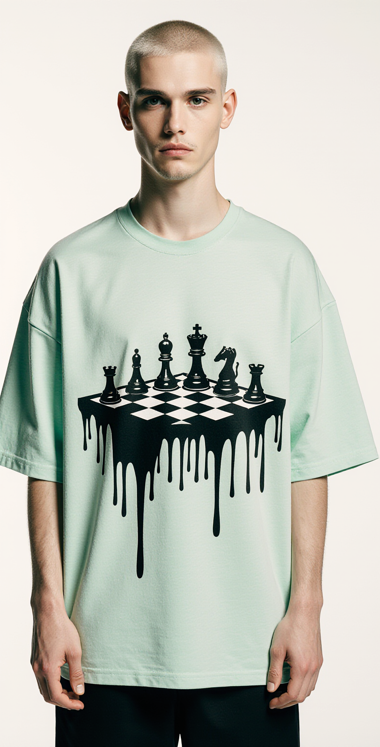 T-shirt oversize homme vert menthe – Design échiquier artistique dripping – Streetwear tendance "Checkmate Universe"