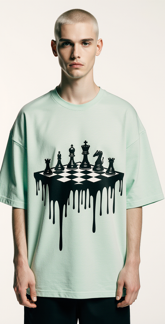 T-shirt oversize homme vert menthe – Design échiquier artistique dripping – Streetwear tendance "Checkmate Universe"