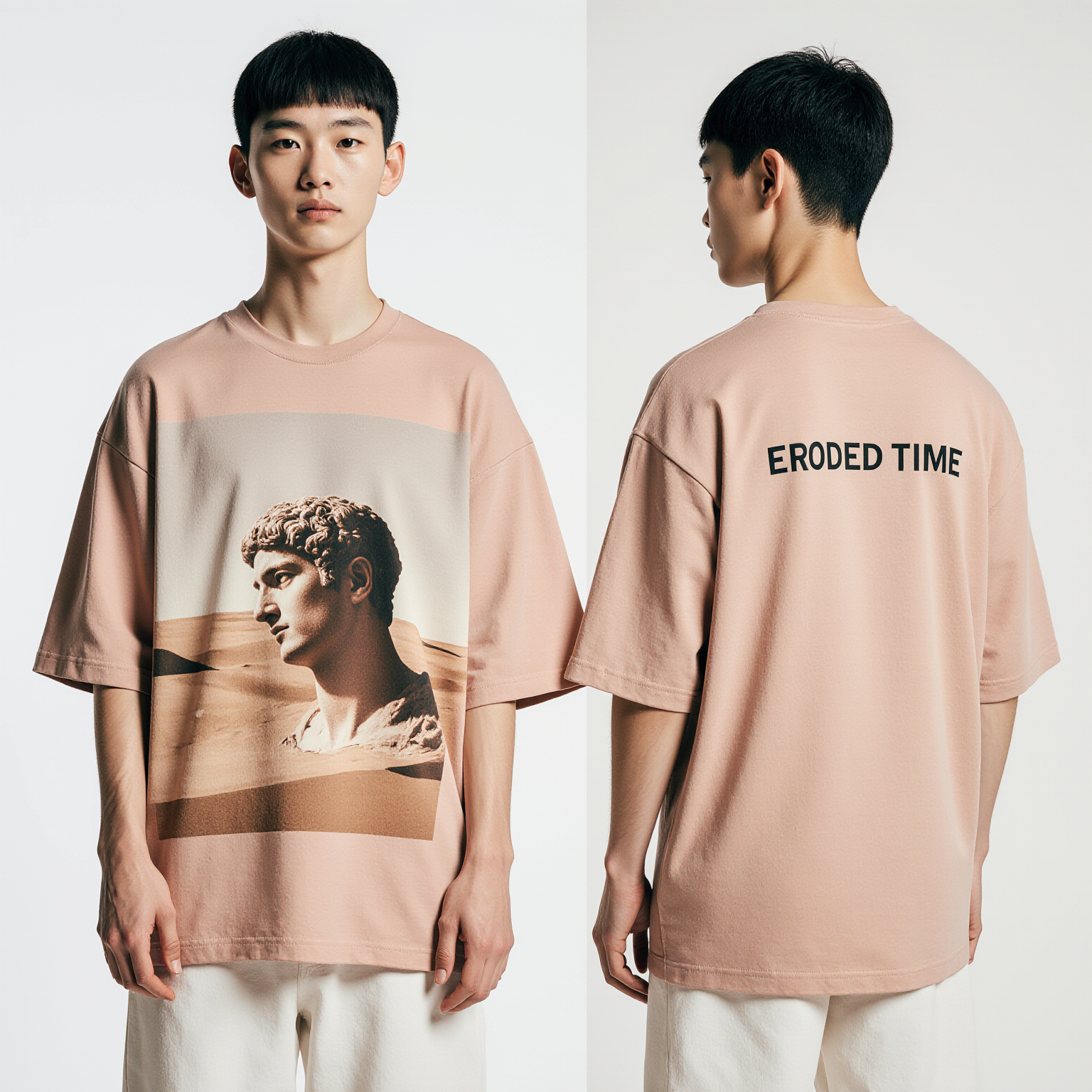 Oversized Dusty Pink T-Shirt for Men – Ancient Roman Statue Graphic – Streetwear "Eroded Time"