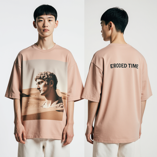 Oversized Dusty Pink T-Shirt for Men – Ancient Roman Statue Graphic – Streetwear "Eroded Time"
