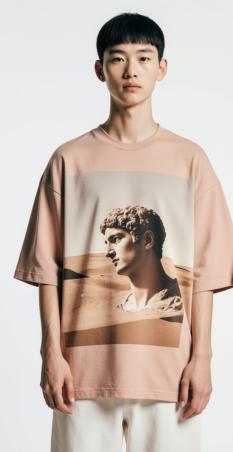 Oversized Dusty Pink T-Shirt for Men – Ancient Roman Statue Graphic – Streetwear "Eroded Time"