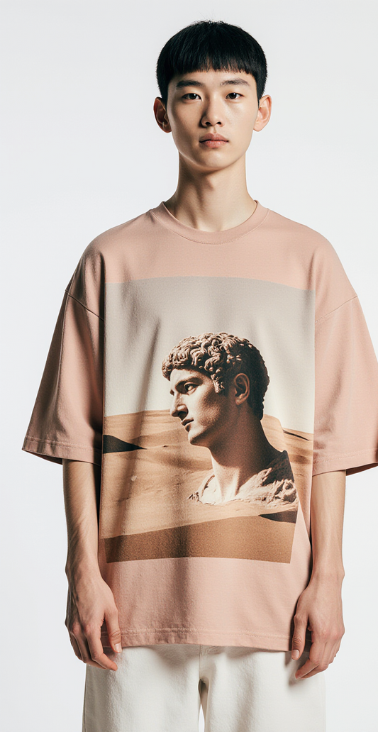 Oversized Dusty Pink T-Shirt for Men – Ancient Roman Statue Graphic – Streetwear "Eroded Time"