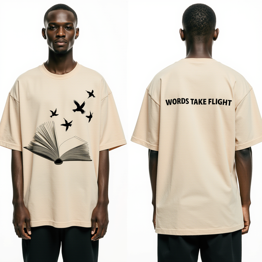 Oversized Beige T-Shirt for Men – Open Book with Birds Graphic – Streetwear "Words Take Flight"