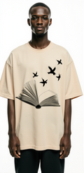 Oversized Beige T-Shirt for Men – Open Book with Birds Graphic – Streetwear 