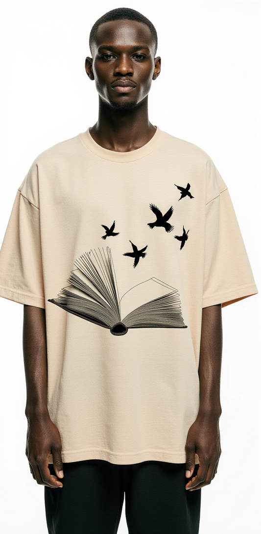 Oversized Beige T-Shirt for Men – Open Book with Birds Graphic – Streetwear "Words Take Flight"