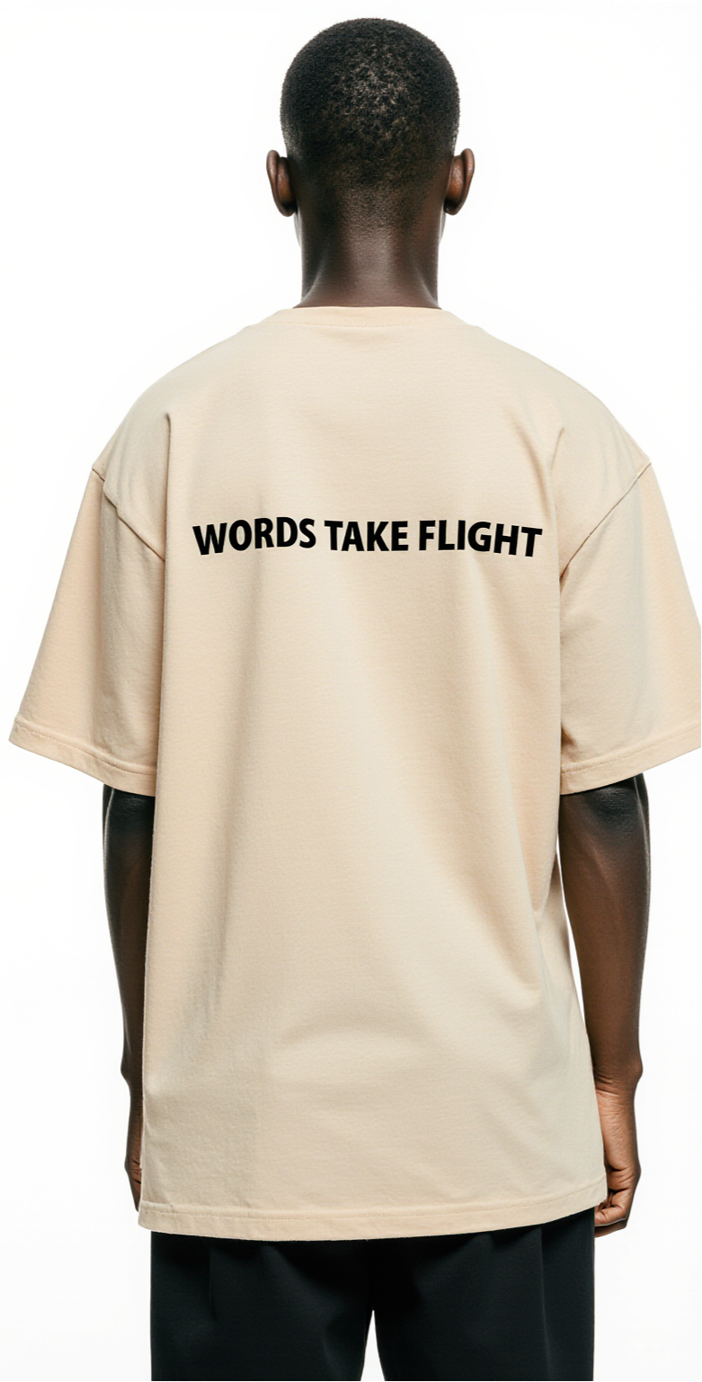 Oversized Beige T-Shirt for Men – Open Book with Birds Graphic – Streetwear "Words Take Flight"
