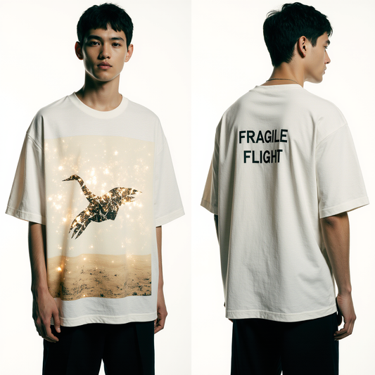 Oversized White T-Shirt for Men – Origami Bird Galaxy Graphic – Streetwear "Fragile Flight"