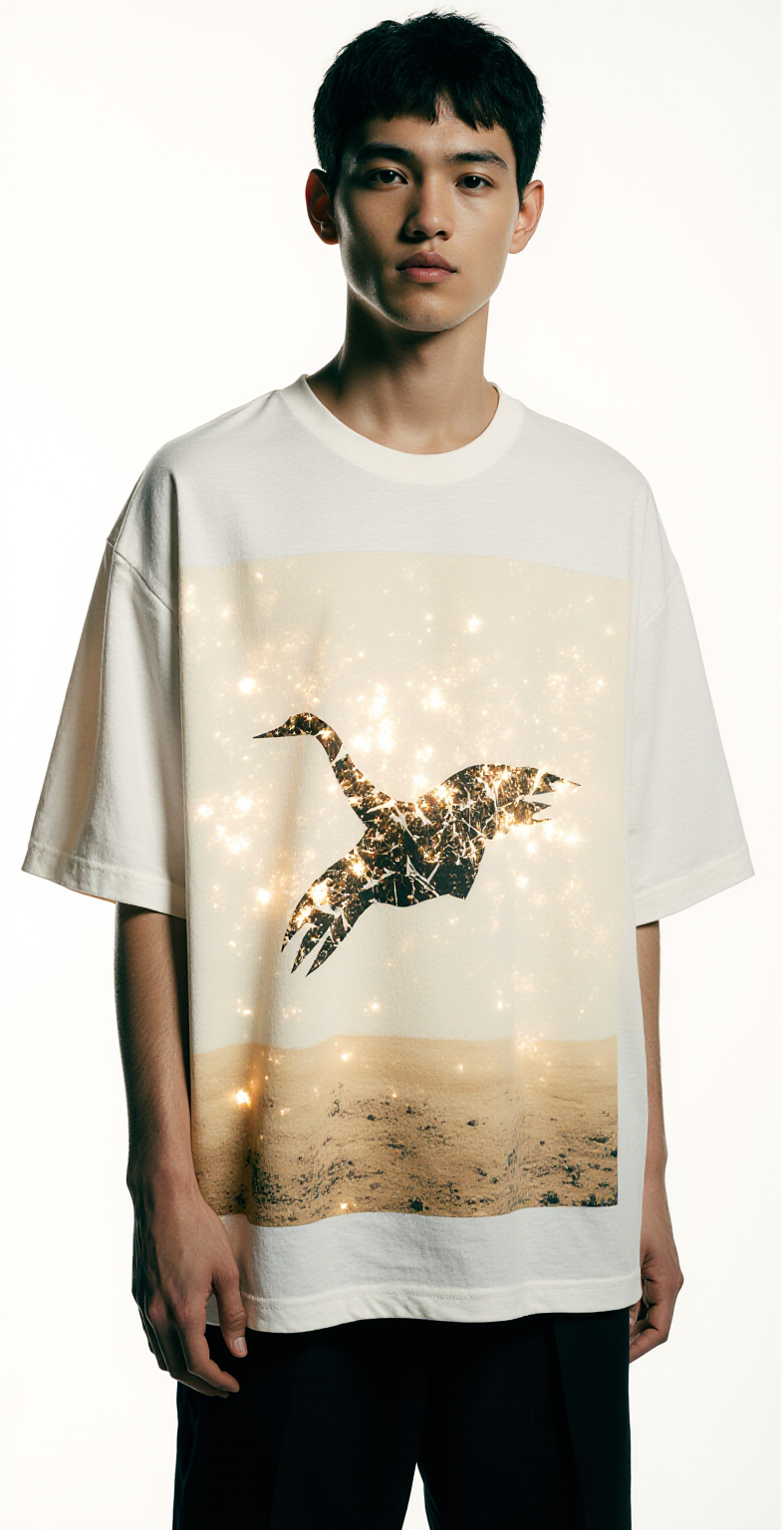 Oversized White T-Shirt for Men – Origami Bird Galaxy Graphic – Streetwear "Fragile Flight"