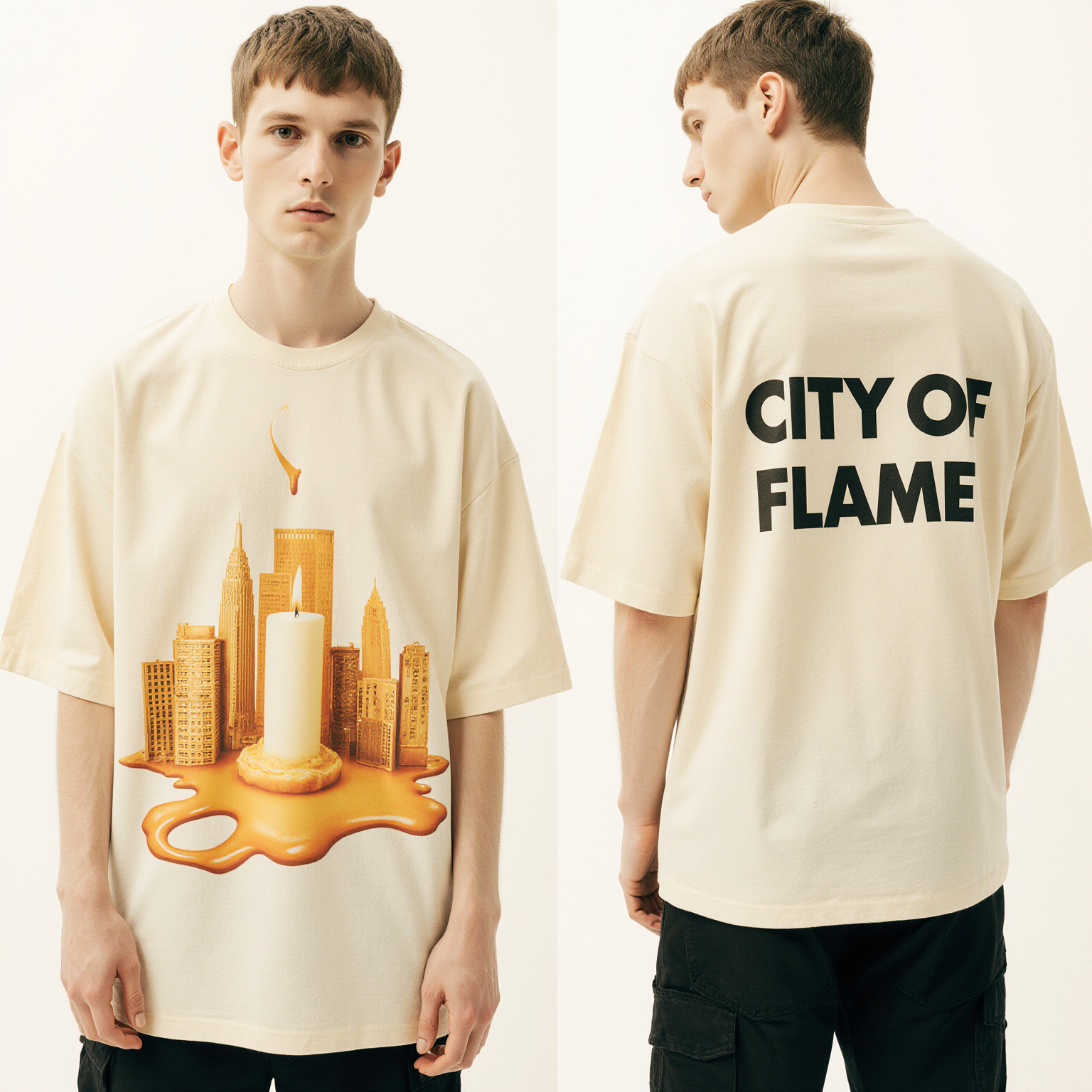 Oversized Cream T-Shirt for Men – Melting Candle & City Graphic – Streetwear "City of Flame"