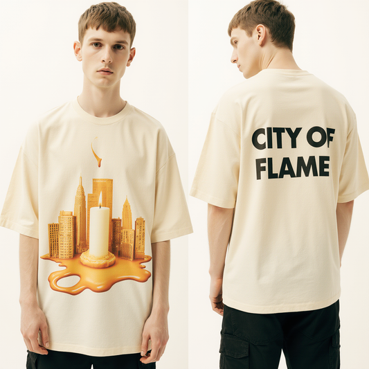 Oversized Cream T-Shirt for Men – Melting Candle & City Graphic – Streetwear "City of Flame"