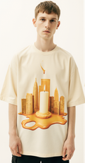 Oversized Cream T-Shirt for Men – Melting Candle & City Graphic – Streetwear 