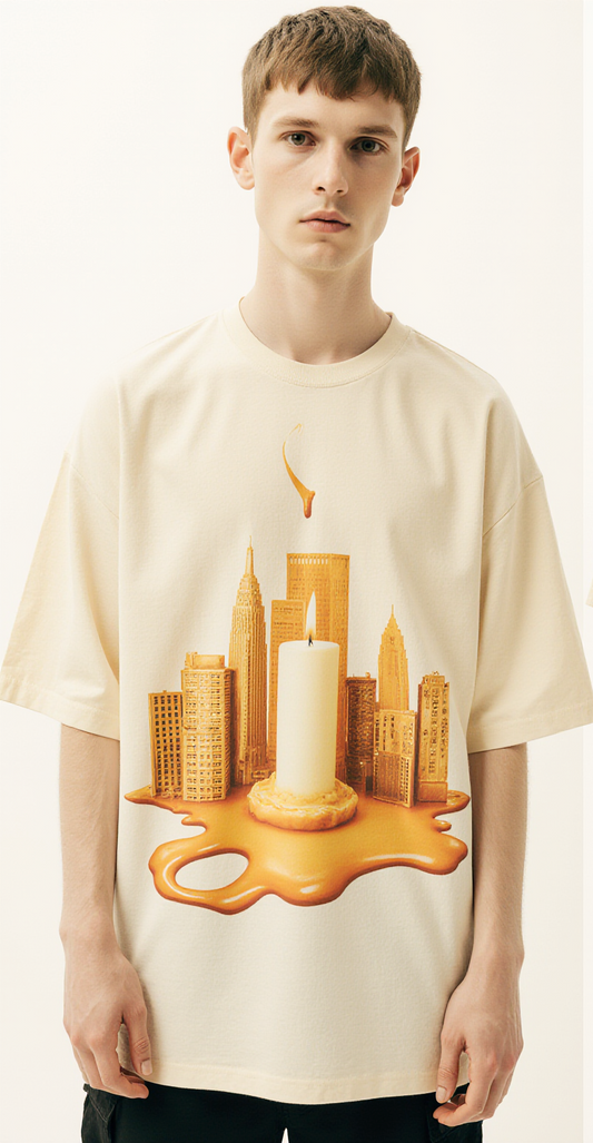 Oversized Cream T-Shirt for Men – Melting Candle & City Graphic – Streetwear "City of Flame"