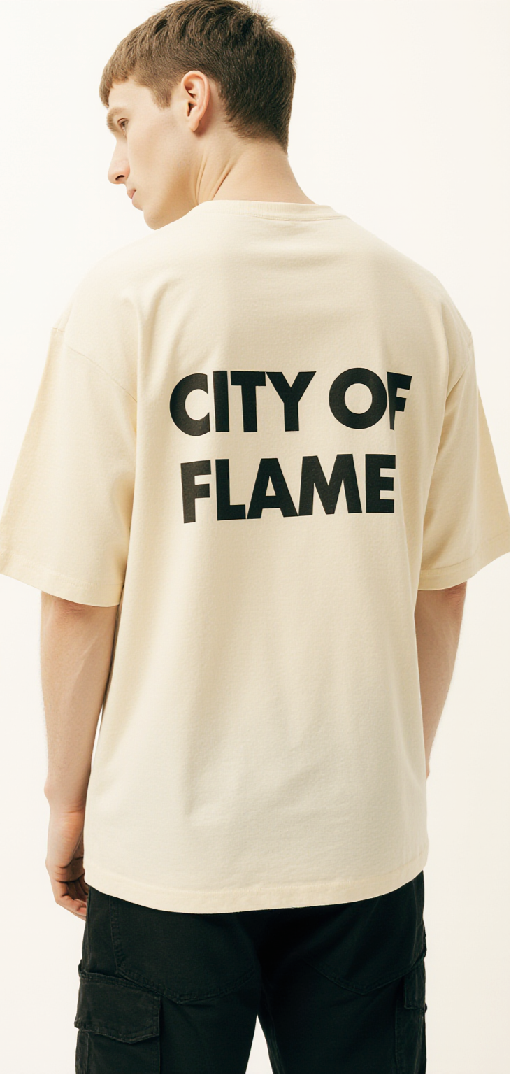 Oversized Cream T-Shirt for Men – Melting Candle & City Graphic – Streetwear "City of Flame"