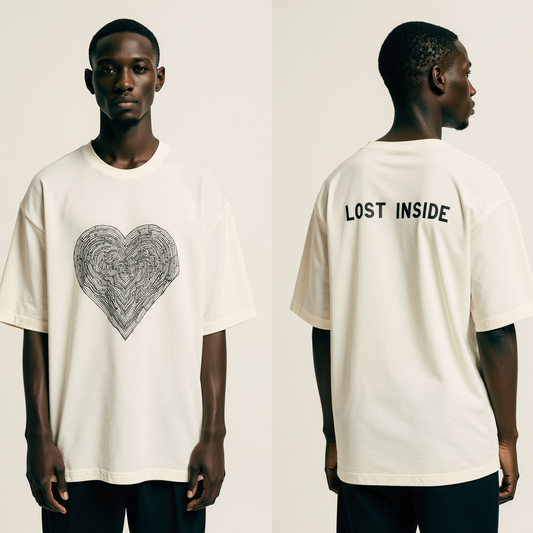 Oversized Ivory T-Shirt for Men – Heart Maze Graphic – Streetwear "Lost Inside"