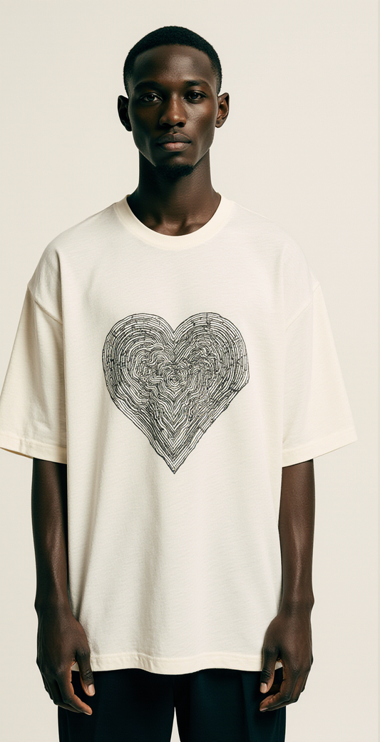 Oversized Ivory T-Shirt for Men – Heart Maze Graphic – Streetwear "Lost Inside"