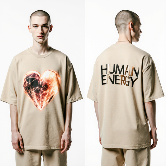 Oversized Beige T-Shirt "Human Energy" – Heart Graphic Streetwear Tee
