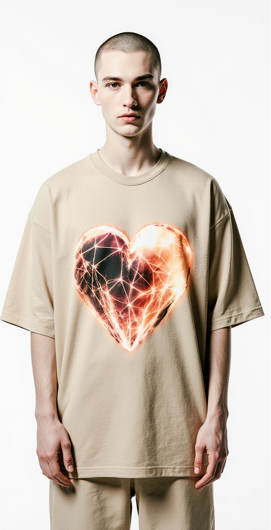 Oversized Beige T-Shirt "Human Energy" – Heart Graphic Streetwear Tee