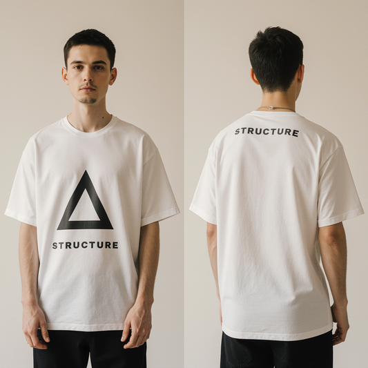 Men’s Oversized White T-Shirt – Minimalist Geometric Triangle Print “STRUCTURE” | Premium Streetwear Tee