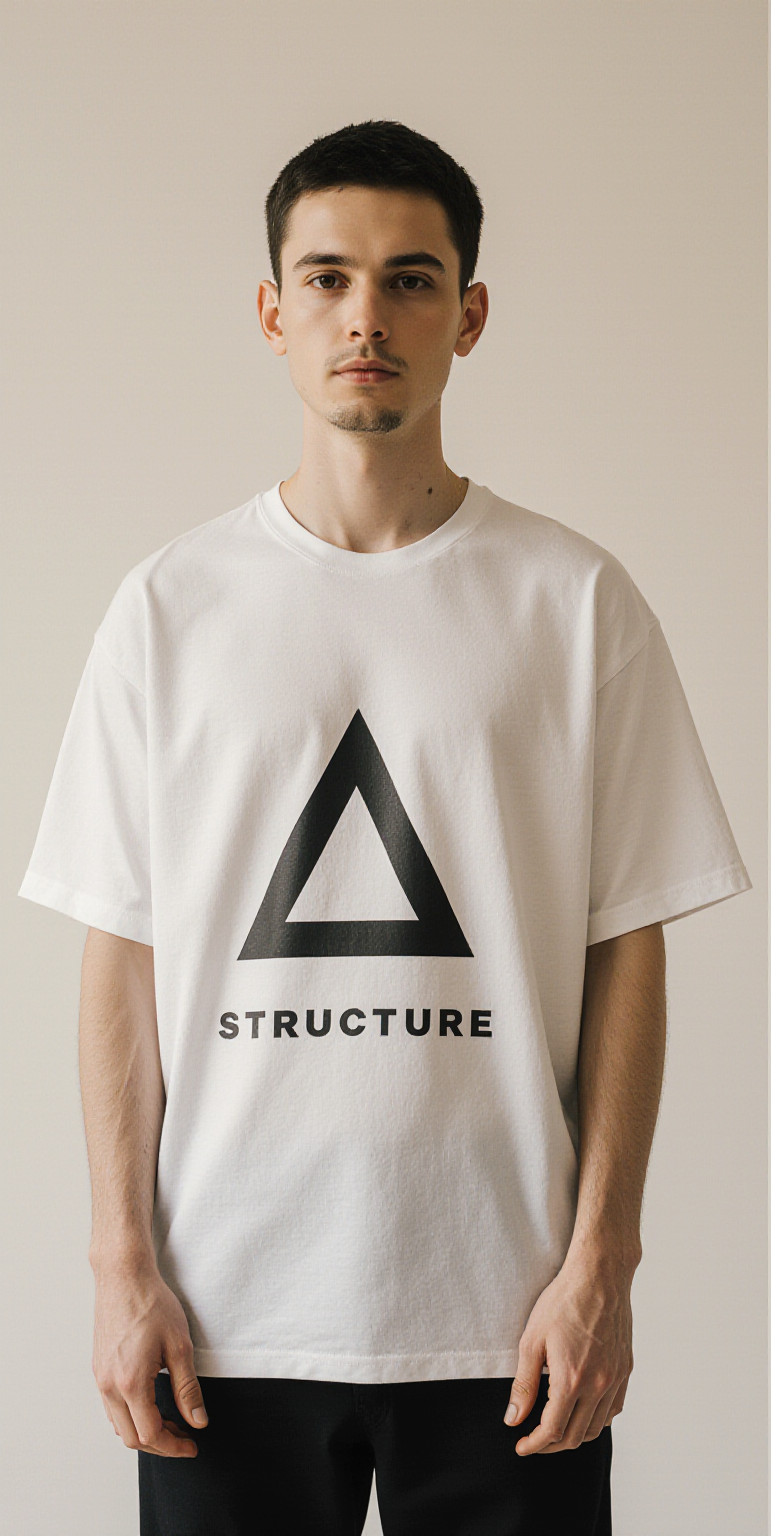 Men’s Oversized White T-Shirt – Minimalist Geometric Triangle Print “STRUCTURE” | Premium Streetwear Tee