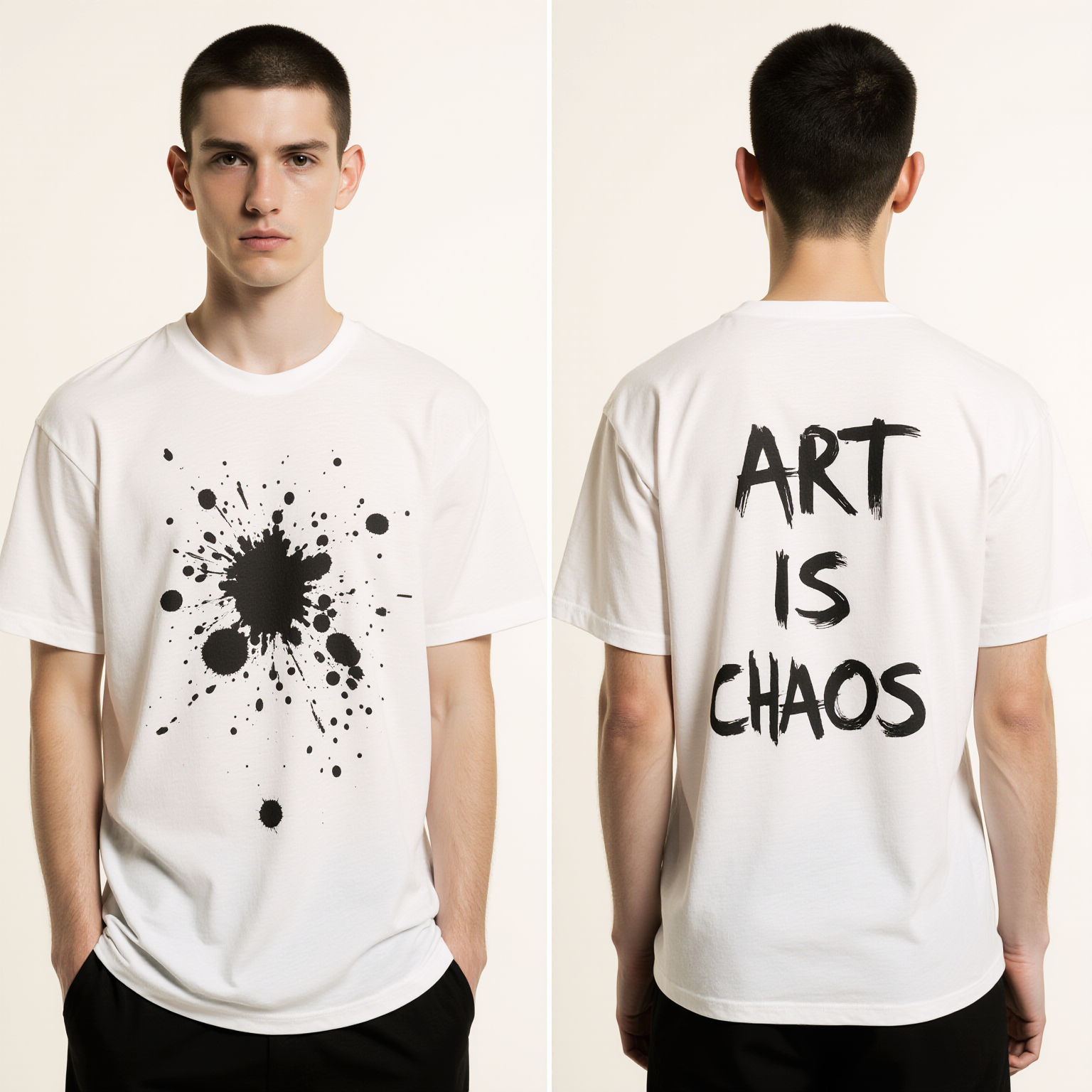 Men’s Oversized White T-Shirt – Abstract Ink Splash “ART IS CHAOS” Graphic | Premium Streetwear Tee