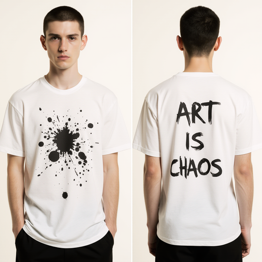 Men’s Oversized White T-Shirt – Abstract Ink Splash “ART IS CHAOS” Graphic | Premium Streetwear Tee